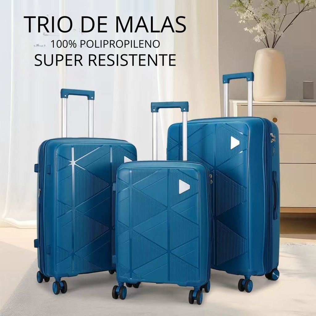 Kit TRIO Malas de Viagem - Polipropileno, Rodas 360, Inquebrável, Cadeado Flat, Zíper Antifurto