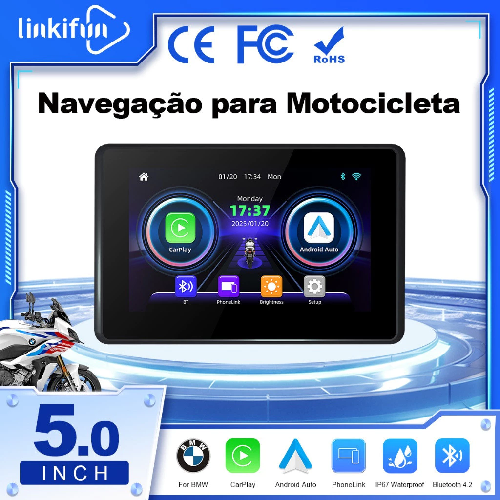 Linkifun MT3A Tela 5" para Moto BMW, CarPlay e Android Auto Sem Fio, Suporte OEM, IP67 e Espelhamento