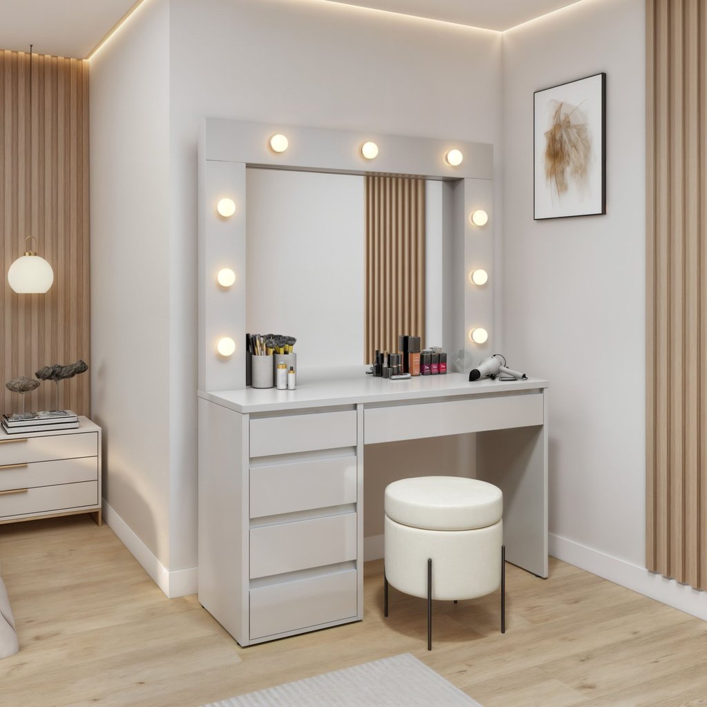 Penteadeira Camarim com Espelho e Lampada 5 Gavetas 100% MDF Anne Bege/Off White Off White