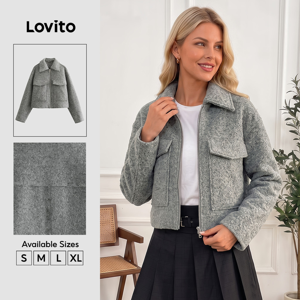 Lovito Casual Jaqueta Com Bolso Liso Com Zíper Para Mulheres LNL54290
