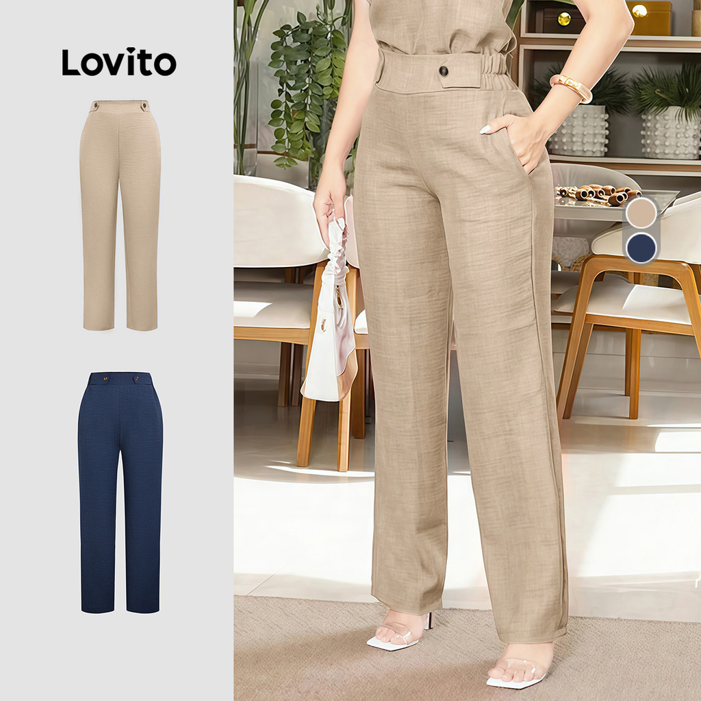 Lovito Cintura Alta Elegante Calças plissadas primavera/verão calças cáqui para 