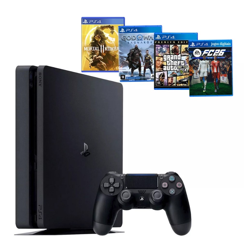 Sony Playstation 4 500gb Ps4 Slim + Ea Fc Fifa 25 + God Raganarok + Gta 5 + 40 Jogoss os Melhores