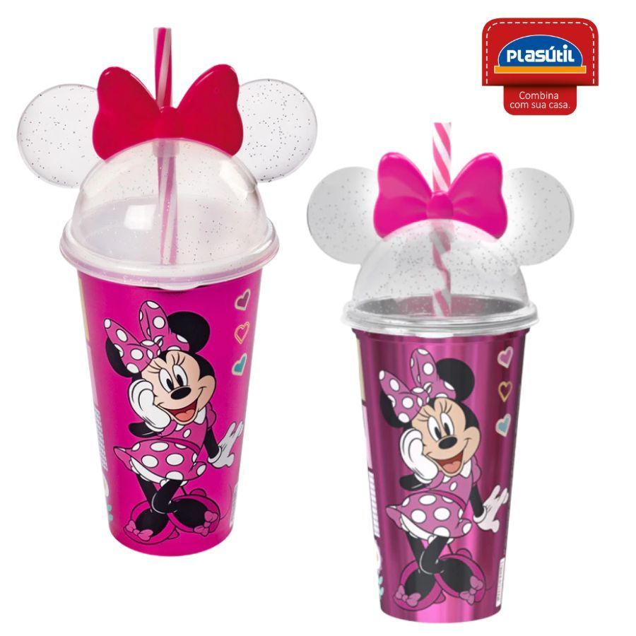 Copo com Orelha e Canudo Minnie 500ml Plasutil