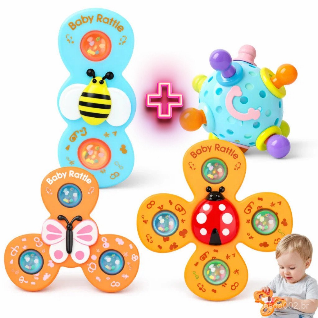 Kit 3 Spinner Bebê + 1 Bola Mordedor Chocalho Sensorial Interativo Divertido