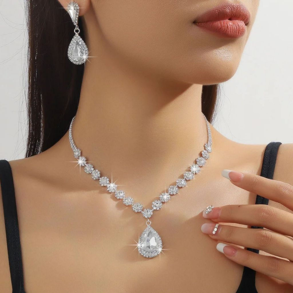 Moda colar 2/3 peças conjunto gota de água brincos de diamante pulseira cheia de diamante joias de noiva — imagem 2 de 2