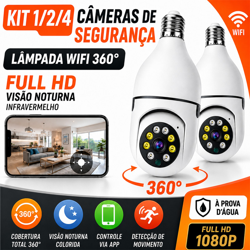 Kit De 1/2/4 Câmeras De Segurança Com Lâmpada WiFi 360 ° PTZ Full HD  Visão Noturna  Câmera Interna IP Infravermelha E S