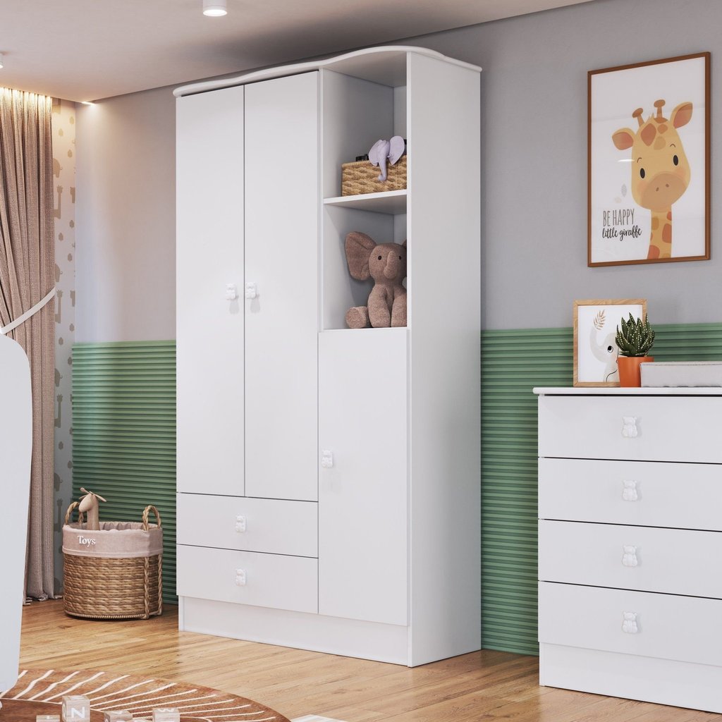 Guarda-Roupa de Bebê 3 Portas 2 Gavetas Baby Branco Branco