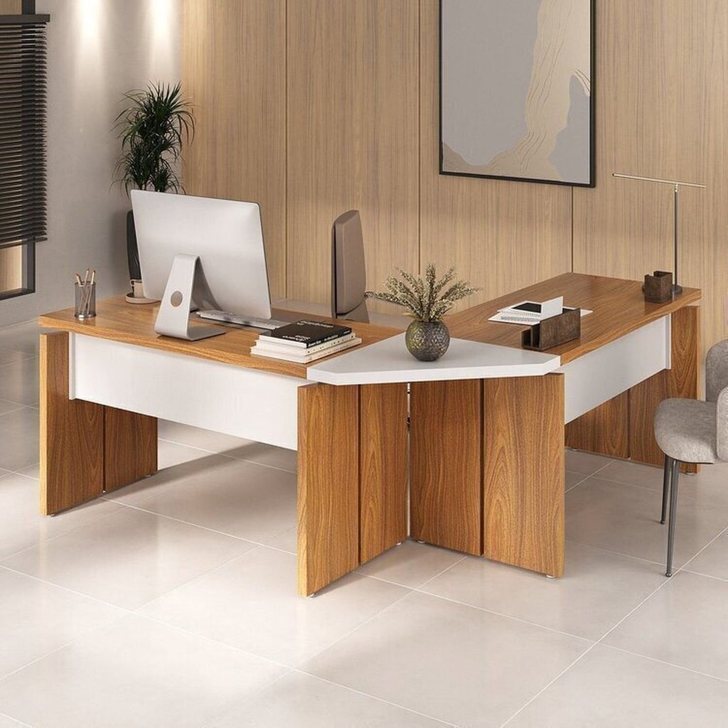 Conjunto Mesa Diretor em L para Escritório e Atendimento Freijó Branco Marrom Artany Freijó/Branco