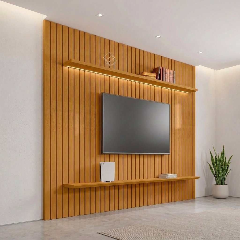 Painel Ripado para TV até 75 Polegadas 100% MDF 230CMX220CM 2 Prateleiras Roma Marrom Cinamomo