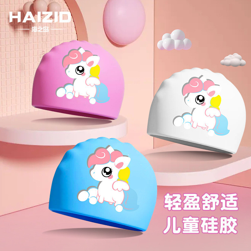 Crianças Silicone bonito dos desenhos animados impresso touca de natação sem cabeça proteção de ouvido cabelo longo à pr