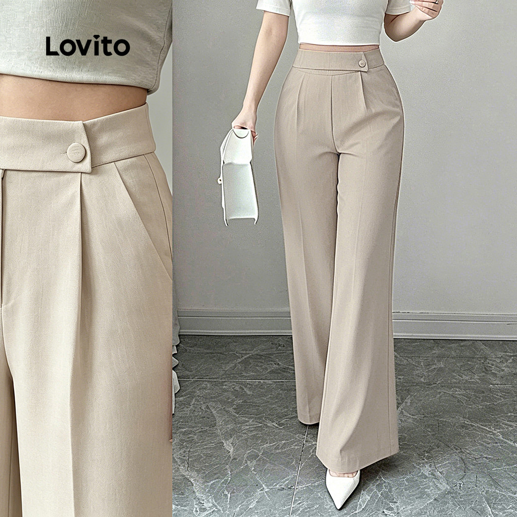 Lovito Calça Cáqui Clara Elegante De Cintura Alta Drapeada Pernas Largas E Botõe