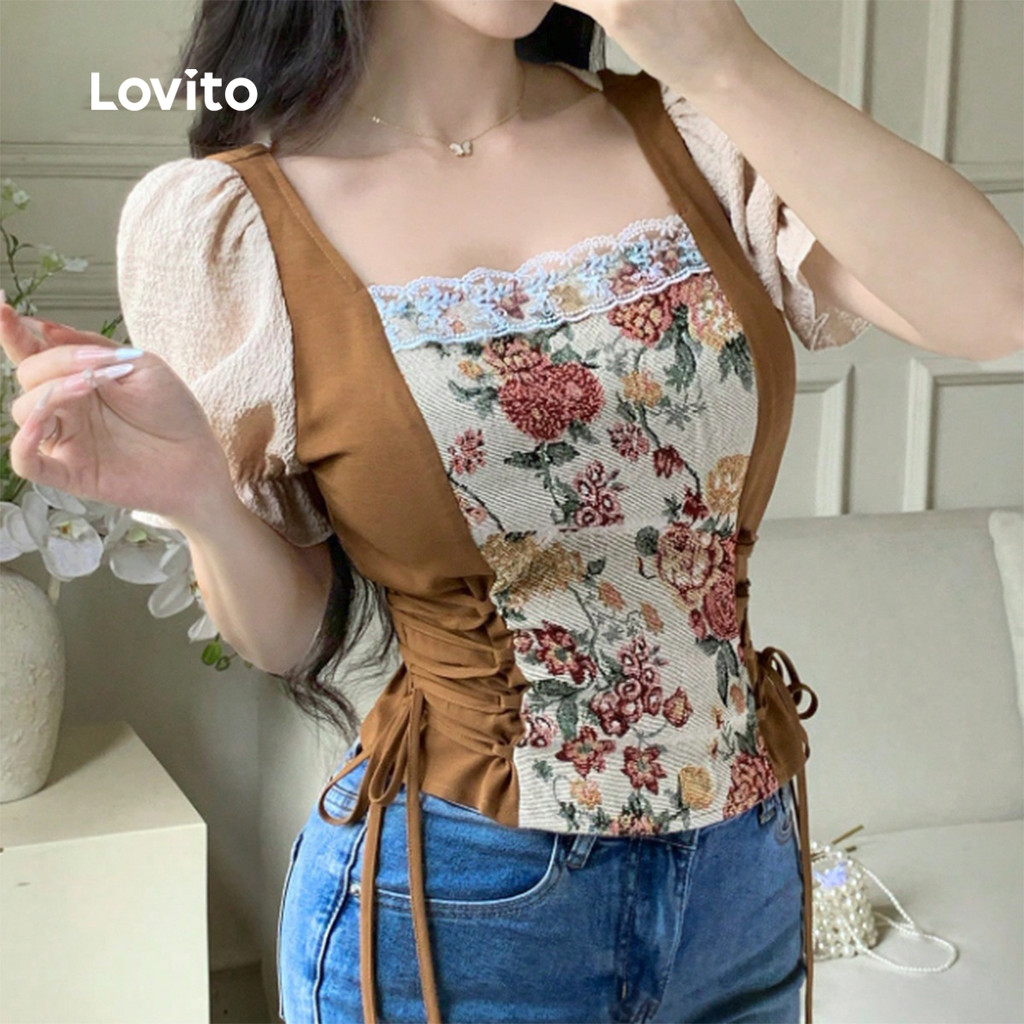 Lovito Blusa Casual Floral Coreana De Manga Curta Bufante Decote Quadrado Amarração Lateral E Blocos De Cores Para Primavera/verão Feminina Bordado LR23E002 · foto 2