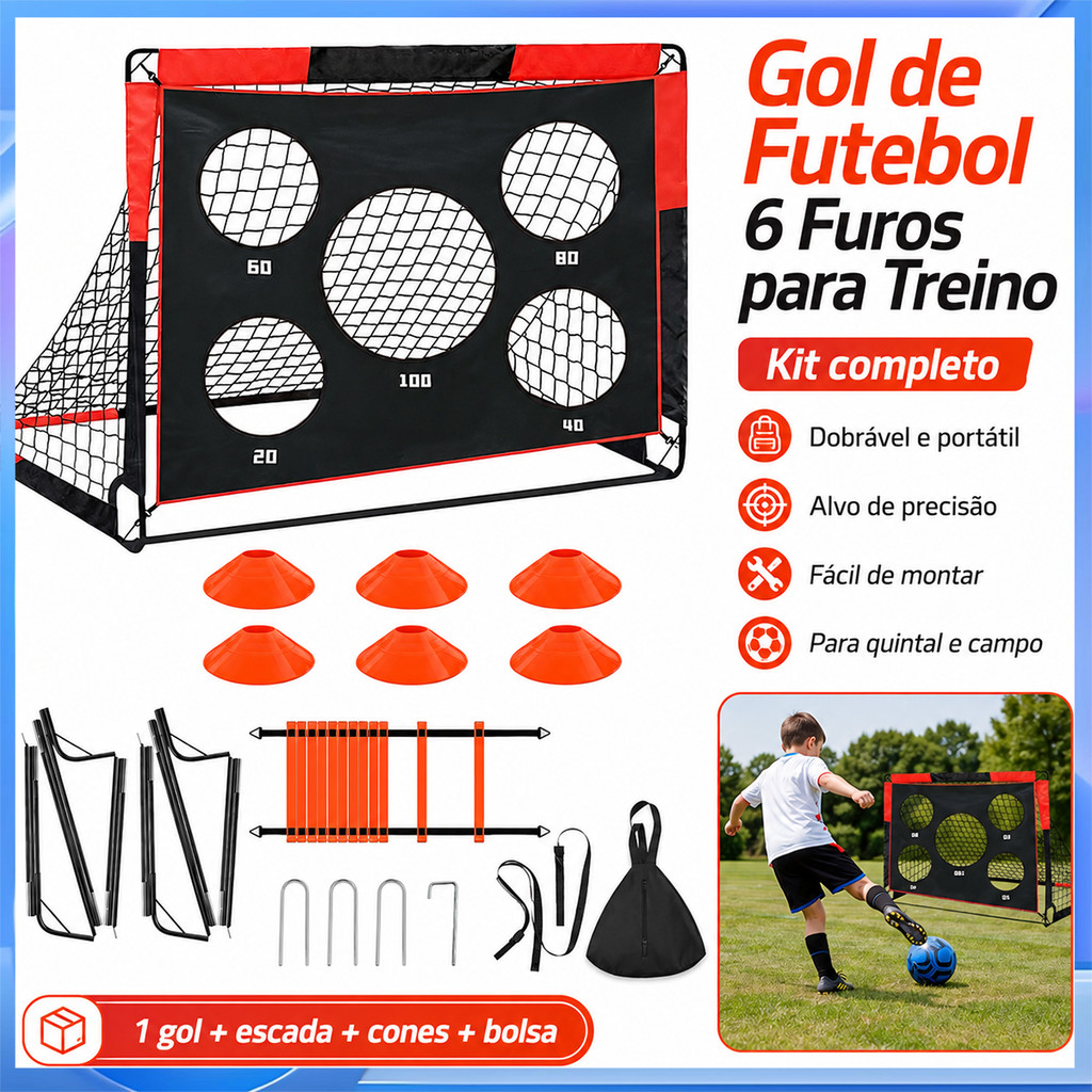 Portão dobrável de treinamento de futebol de seis buracos com logotipo de escada de bola conjunto de lançador de futebol