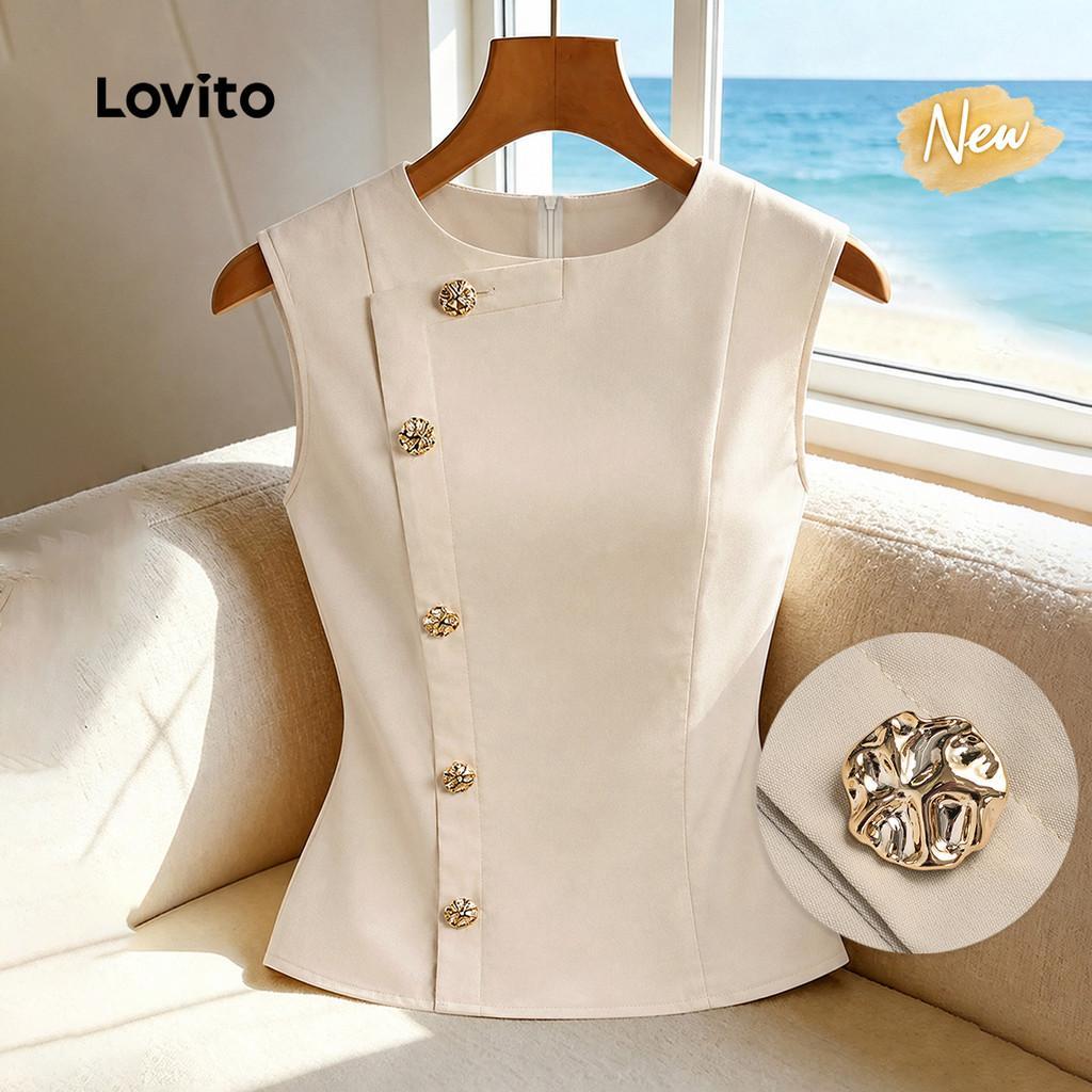 (New Arrival) Lovito Top Elegante com Botões Frontais Assimétricos Amarelo para