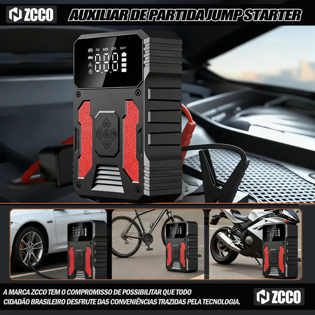 ZCCO Jump Starter Portátil 3000A 12V Auxiliar De Partida Automotivo para Carro e SUV, Bateria de Arranque de Emergência