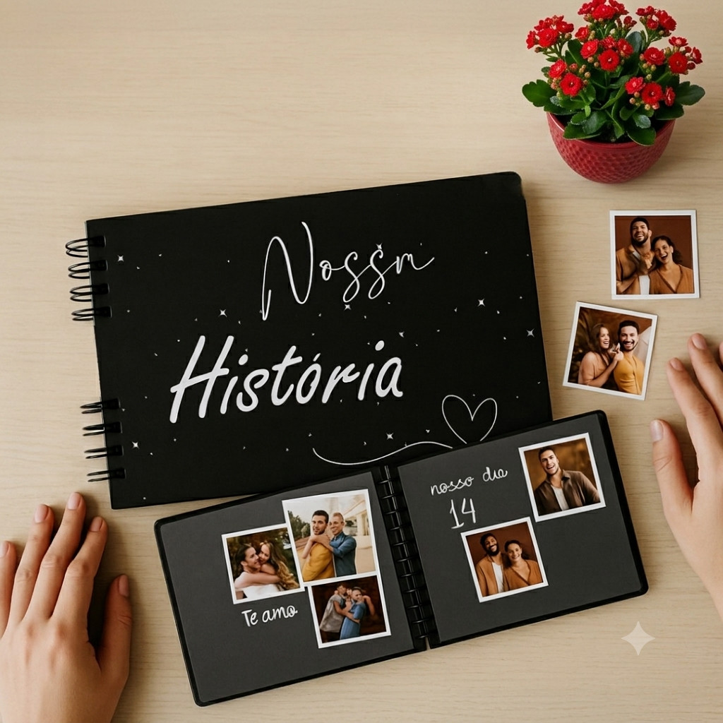 Álbum Scrapbook Personalizado com Fotos Inclusas + Caneta Gel Branca | Capa Dura 20 Folhas 40 Páginas para Colagem