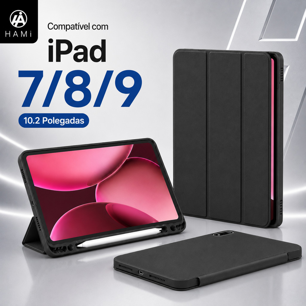 HAMI Capa silicone para iPad 7/8/9 (10.2") com Porta Caneta, Suporte Trifold,Pro