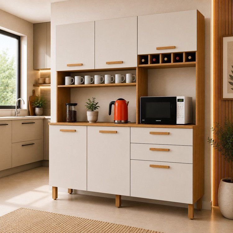 Armário de Cozinha 6 Portas 2 Gavetas 100% MDF Athenas Yescasa Branco/Cinamomo/Off White Off White/Cinamomo