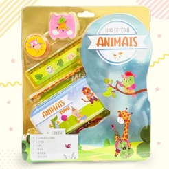 Livro Kit Escolar Animais- Livro Infantil de Atividades Educativas Com Estojo Lápis Régua Borracha e Apontador