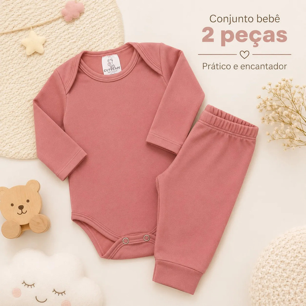 Conjunto Bebê Térmico Liso Body Manga Longa Calça Peluciado Inverno Gola Envelope Macio Enxoval Confortável RN ao 3 Anos