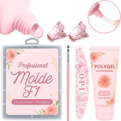 Kit Alongamento Poligel Polygel + Molde F1 + Lixa de Unha + Pincel De Aplicação para Unhas
