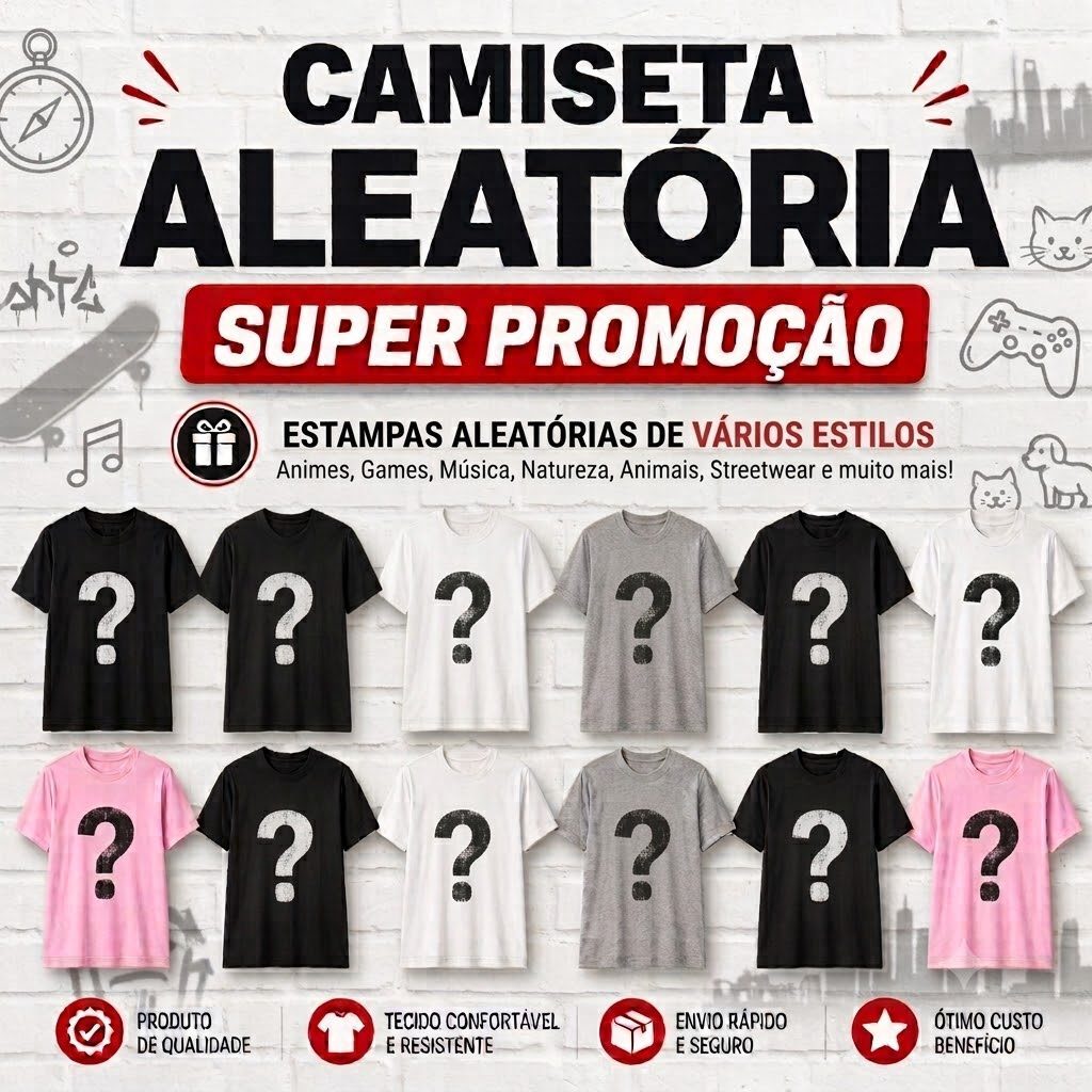 Camiseta Estampas Variadas Aleatórias Unissex Masculina Feminina 100% Algodão Super Promoção