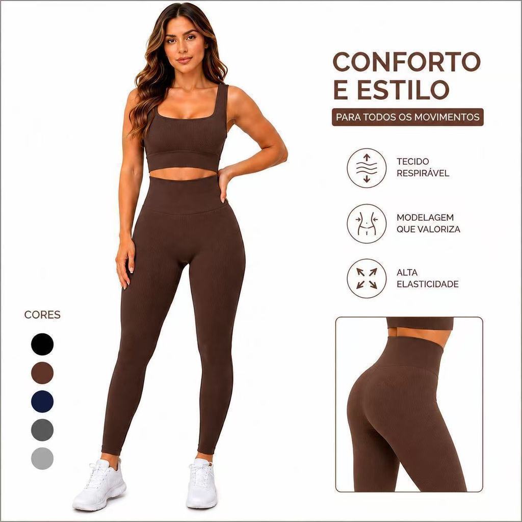 Conjunto Feminino Academia Poliamida Esportivo Canelado Elástico Fitness