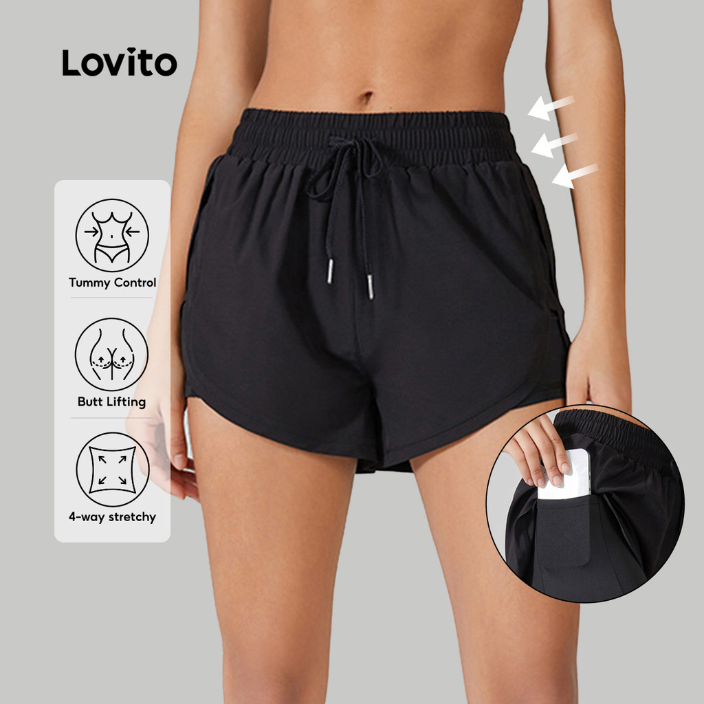 Lovito Casual Short Feminino Esportivo com Bolsos 2in1 Dupla Camada Amarrado Sec
