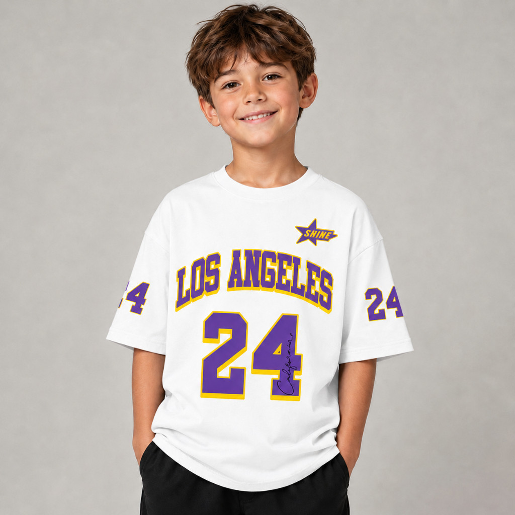 Camiseta Infantil Masculina Basketball Los Angeles Oversized 100% Algodão Estampada Meninos Kids