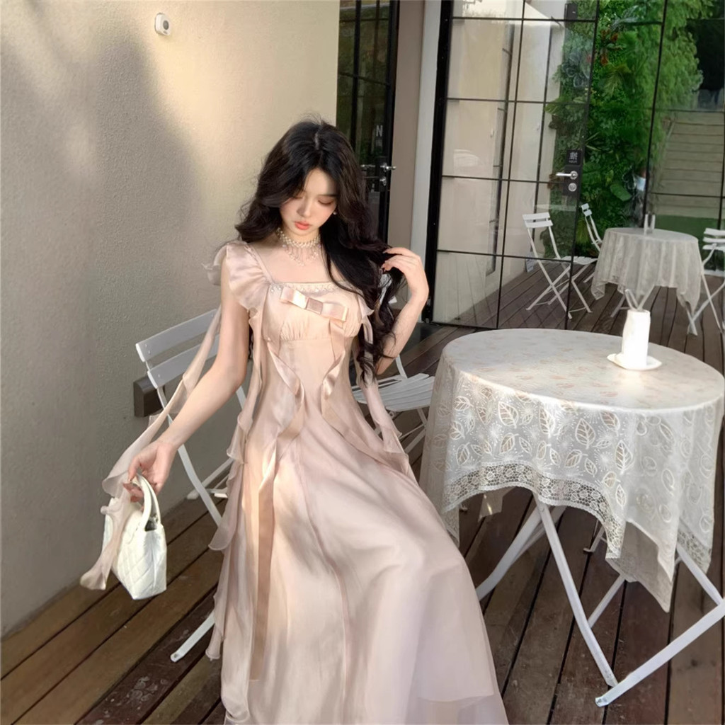 Francês quadrado pescoço doce arco fita temperamento elegante mais magro olhar vestido 2026 verão feminino saia de compr