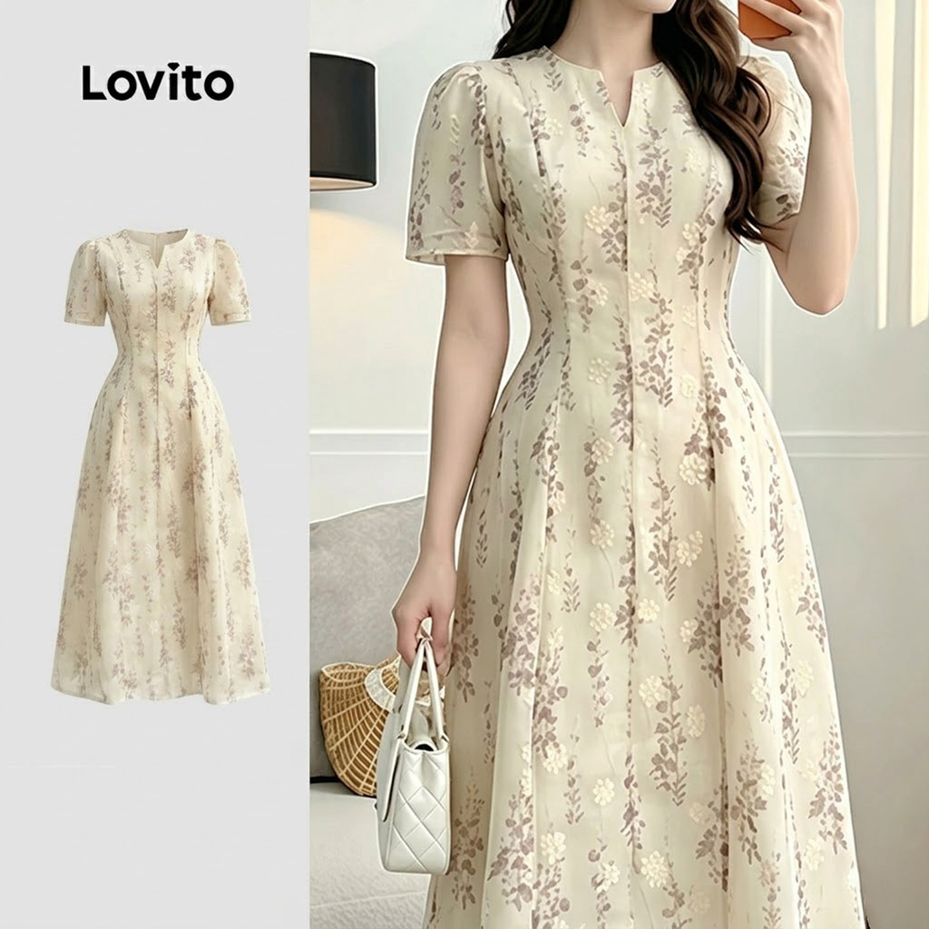 (New Arrival) Lovito Vestido Elegante e Elegante em Caqui Claro para Mulheres pr