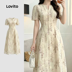 Lovito Vestido Floral E Elegante Em Caqui Claro Para Mulheres Primavera/Verão LK7ED1354