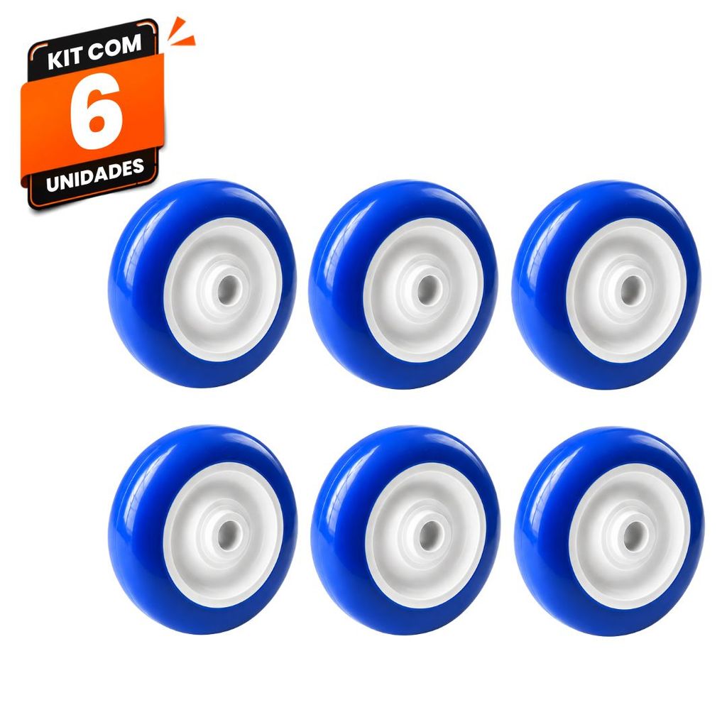 Kit 6 Rodas Rodinhas Carrinho Supermercado Mercado Ajax 4" PVC Azul 100kg Alta Resistência para Carrinhos Comerciais