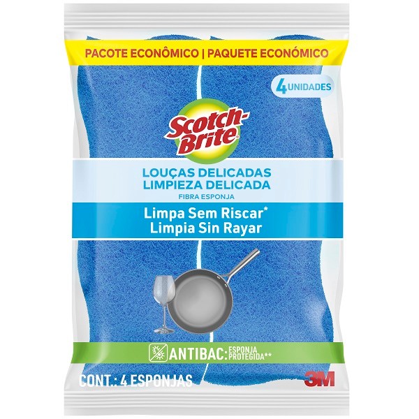 Kit com 4 Esponja Louças Delicadas Azul SCOTCH Brite