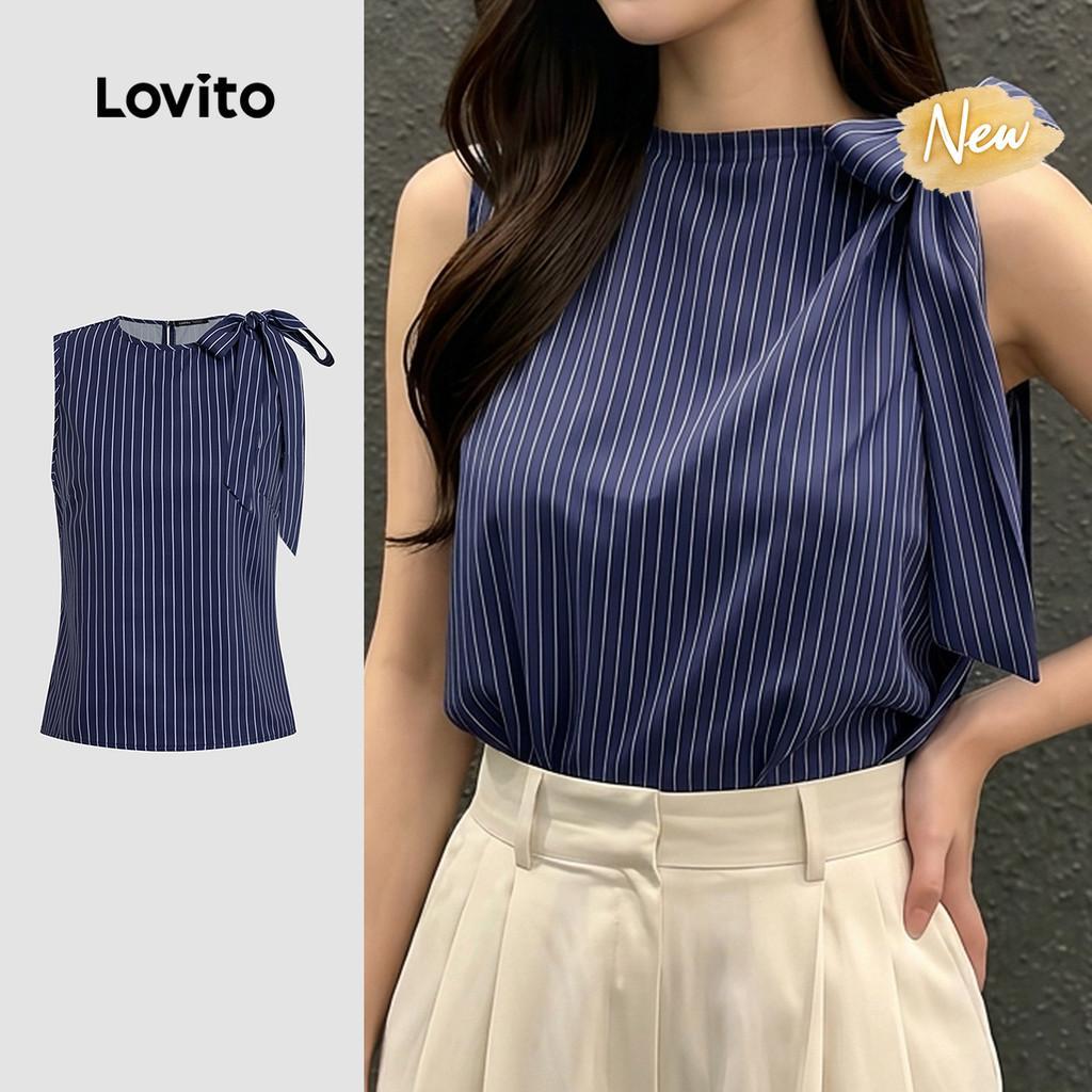 (New Arrival) Lovito Top Elegante com Padrão de Cadarço Azul Marinho Primavera/verão para mulheres TKB203TD224