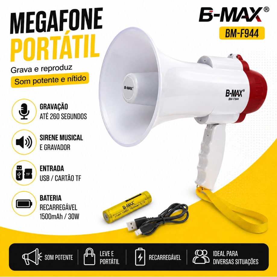 Megafone Portátil B-MAX BM-F944 Recarregável com Gravação USB Cartão TF e Sirene