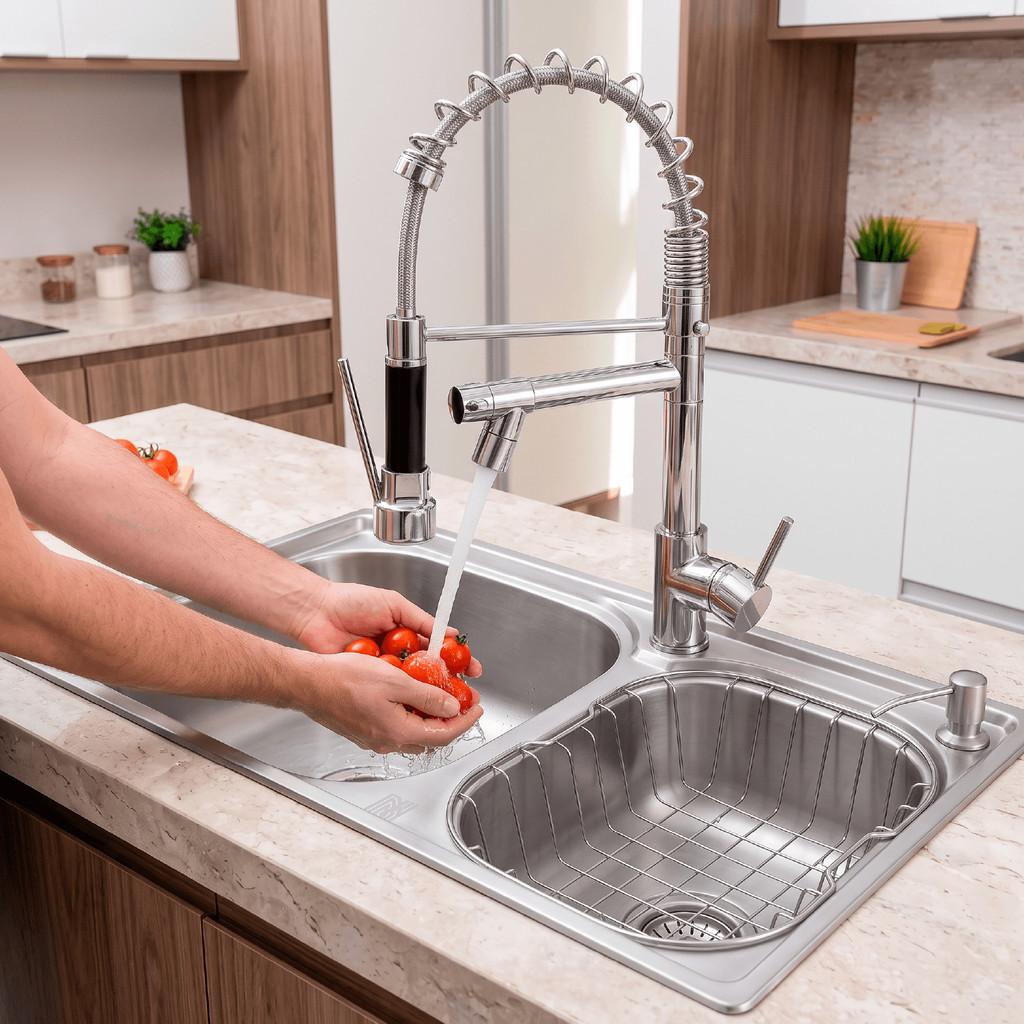 Cuba Dupla Gourmet Aço Inox 68x38cm Cozinha Com Torneira Monocomando Spray de Bancada Cesto Escorredor Dispenser
