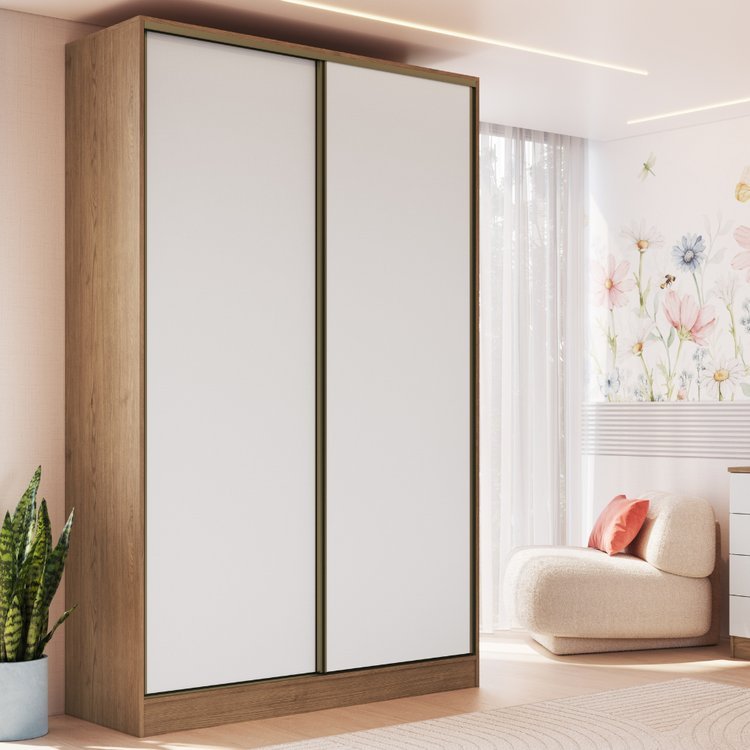 Guarda Roupa Modulado 2 Portas de Correr 2 Gavetas Requinte 100% MDF Marrom/Macadâmia/Branco Line Macadâmia/Branco