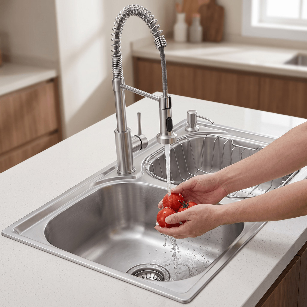 Cuba Dupla Gourmet Aço Inox 68x38cm Cozinha Com Torneira 2 Jatos Flexível de Bancada Cesto Escorredor Dispenser