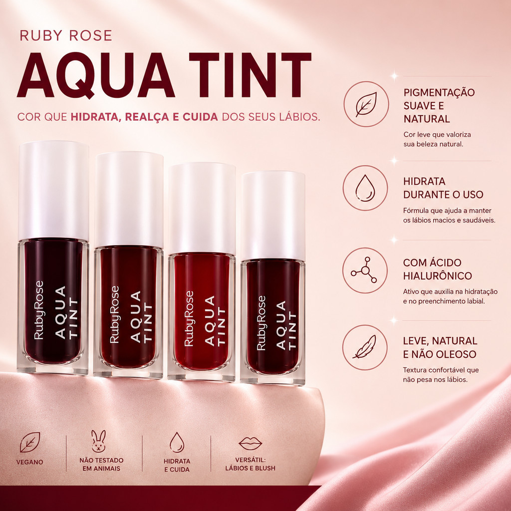 Lip Tint Hidratante Aqua Tint Ruby Rose Ácido Hialurônico e Alta Fixação