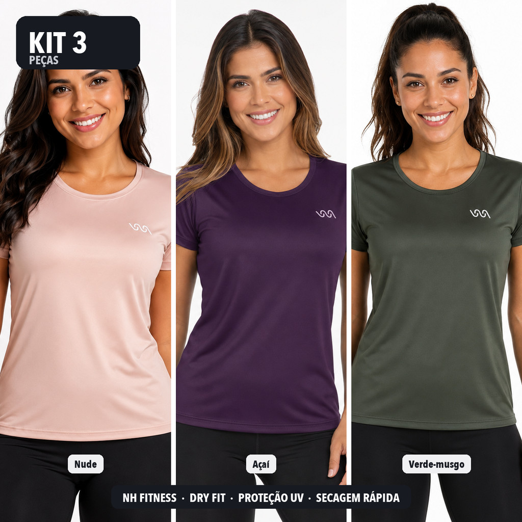 Kit 3 Camisetas Térmicas Femininas Dry Fit Academia Treino Proteção UV Blusa Fitness Feminina NH FITNESS