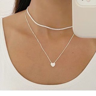 KIT 2: Colar de cristal Riviera + colar mini coração simples de cor sólida, banhado a prata 925 com ouro 18K.