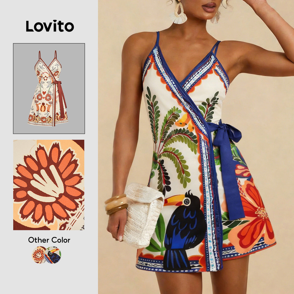 Lovito Férias Vestido com Cinto Praia Floral Curto Primavera/verão para Mulheres