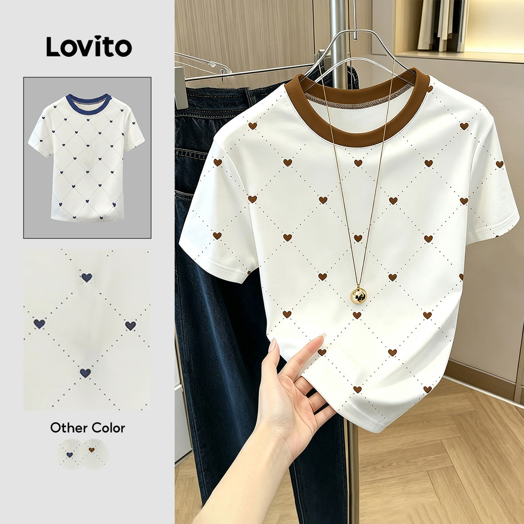 (New Arrival) Lovito Camiseta Casual de Tecido com Costura de Padrão Colorida Pr