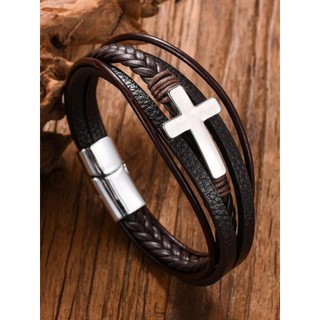 Cross-Border mão-tecido couro cruz pulseira fivela magnética Multi-camada pulseira masculina liga jóias europeu american