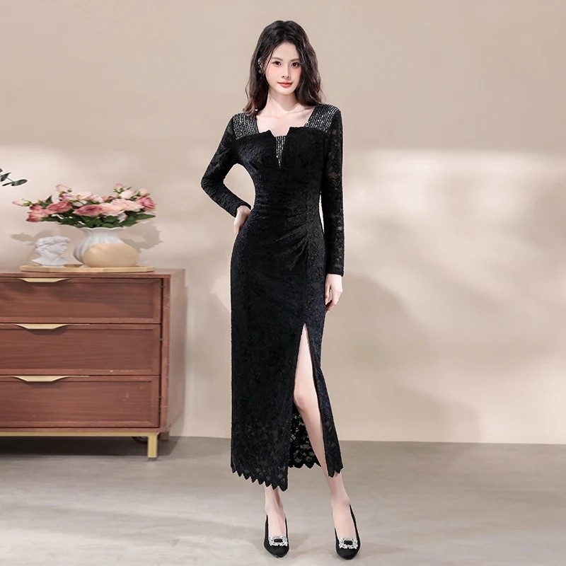 Vestido de noite feminino elegante e chique de alta qualidade, estilo francês, com decote quadrado, mangas compridas, re