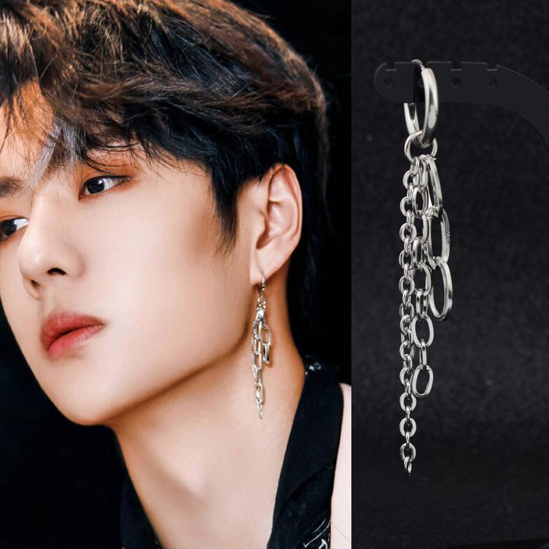 Wang Yibo mesmo estilo brincos masculinos na moda borla brincos longos Punk único exagerado brincos de aço inoxidável se