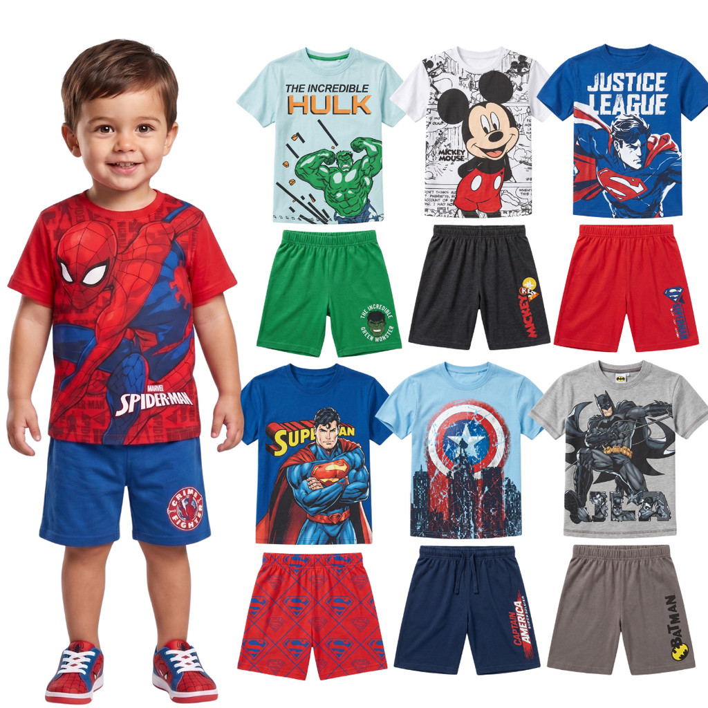 Kit 2 Conjuntos Menino Infantil Personagens Verão 2 bermudas + 2 camisetas Conjunto Homem Aranha Batman Hulk Super
