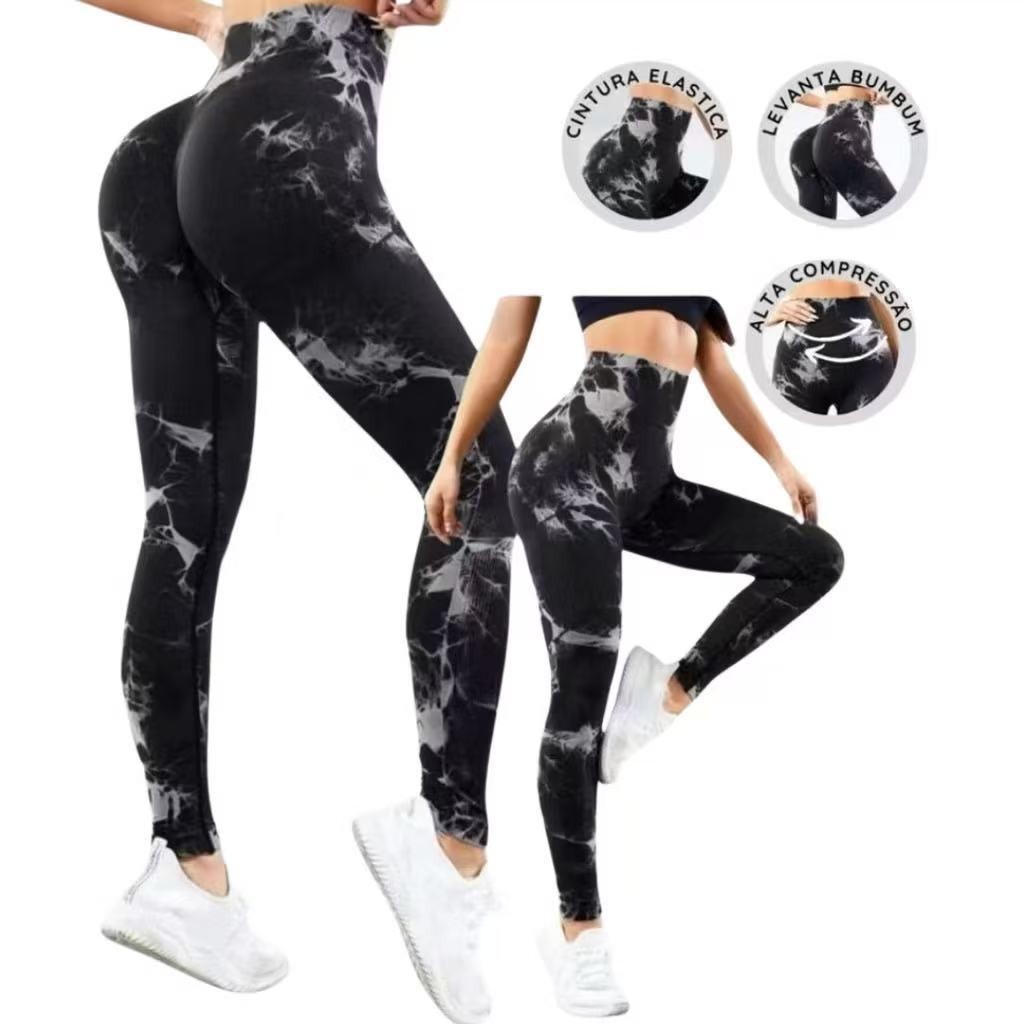 Calça Legging Esportiva Yoga Tie Dye, Legging sem costura, Empina bumbum, Academia Cintura alta
