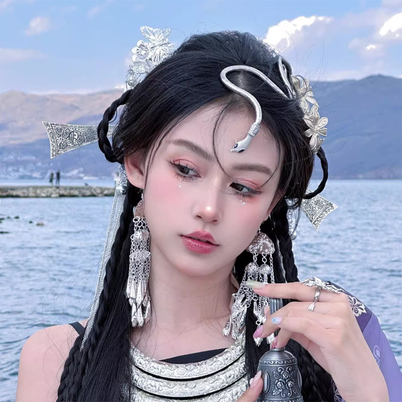 Estilo exótico Miaojiang menina acessórios Hanfu antigo acessórios de cabelo acessórios escuros Miao prata Headdress Hai